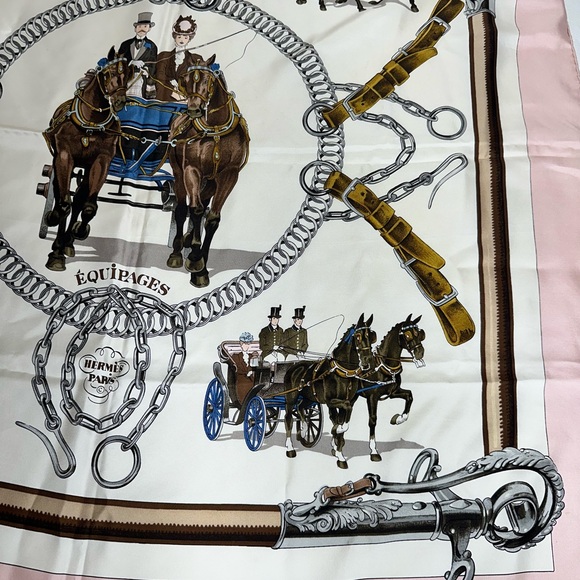 Hermes Pink, Cream & Brown 'Equipages' Silk Scarf - Picture 7 of 8